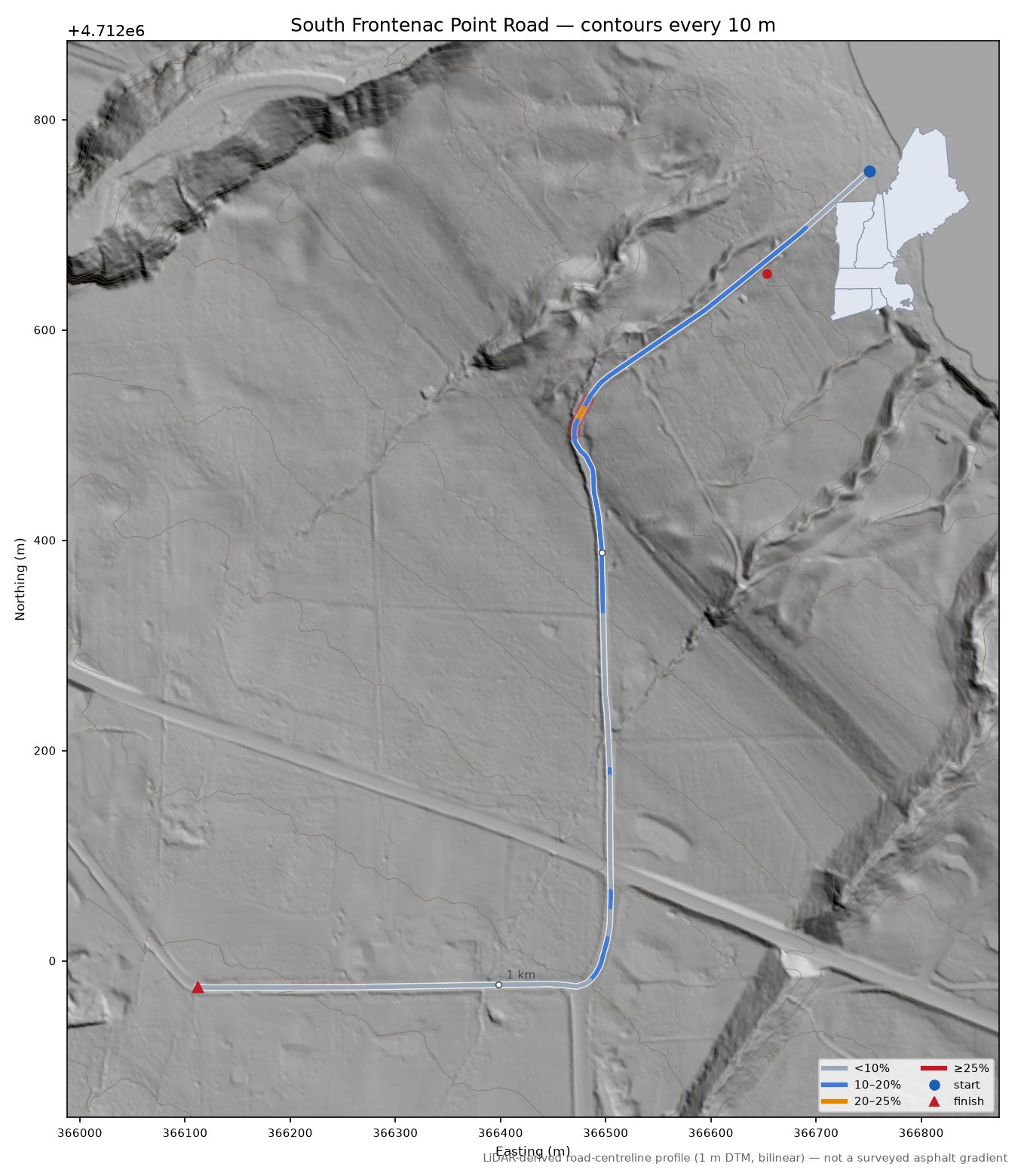 South Frontenac Point Road LiDAR hillshade map with contours