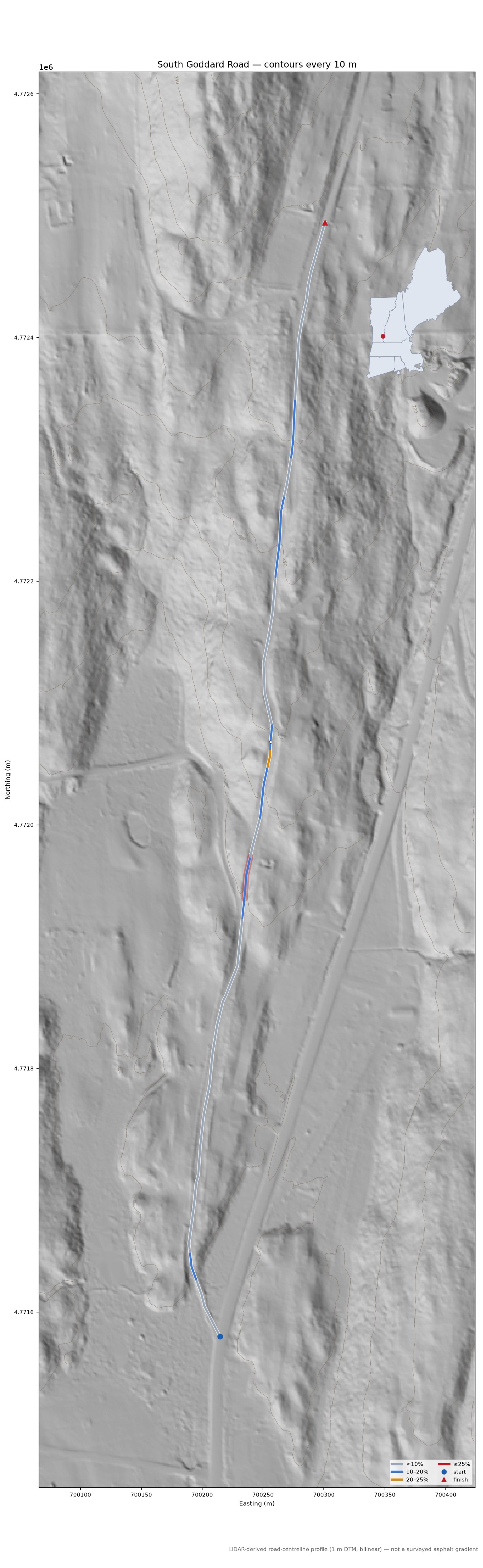 South Goddard Road LiDAR hillshade map with contours
