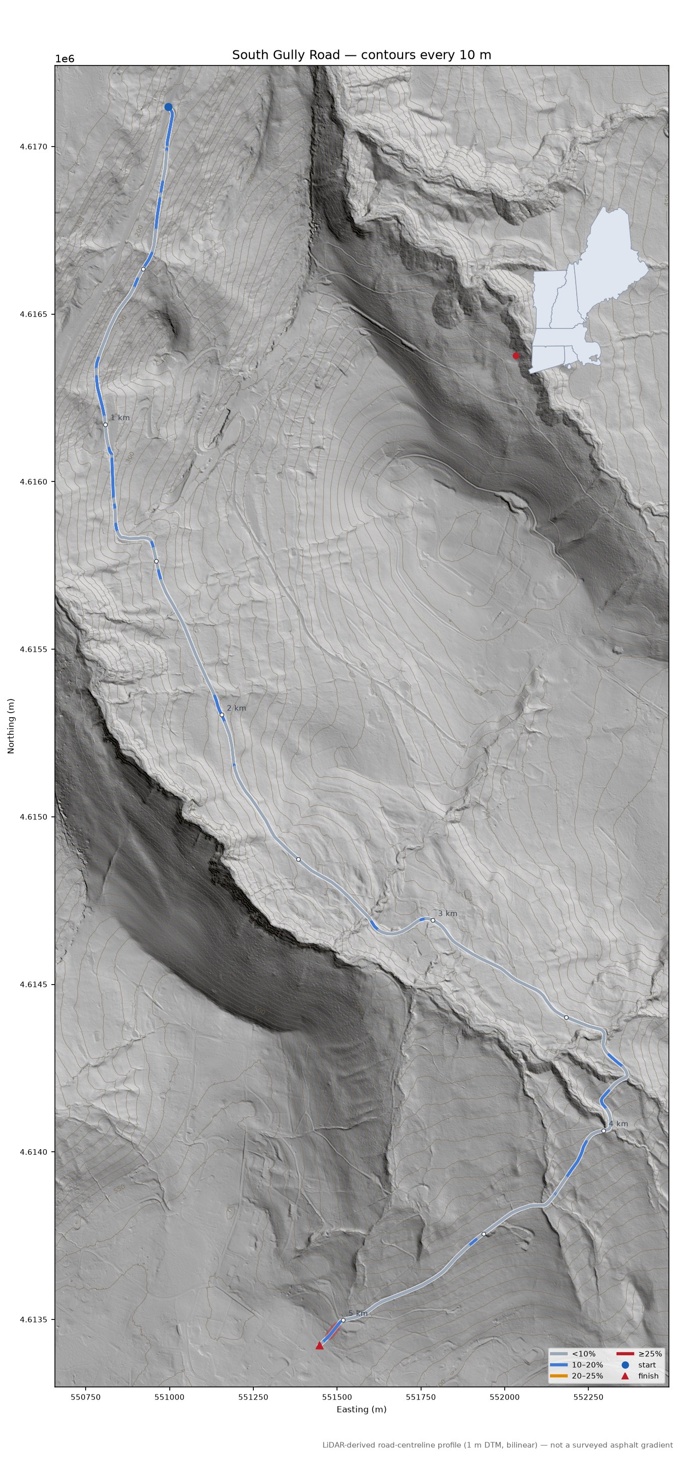 South Gully Road LiDAR hillshade map with contours