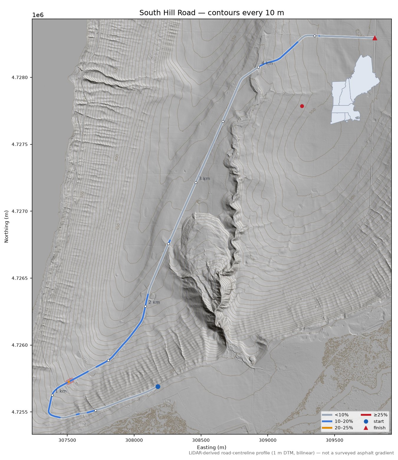 South Hill Road LiDAR hillshade map with contours