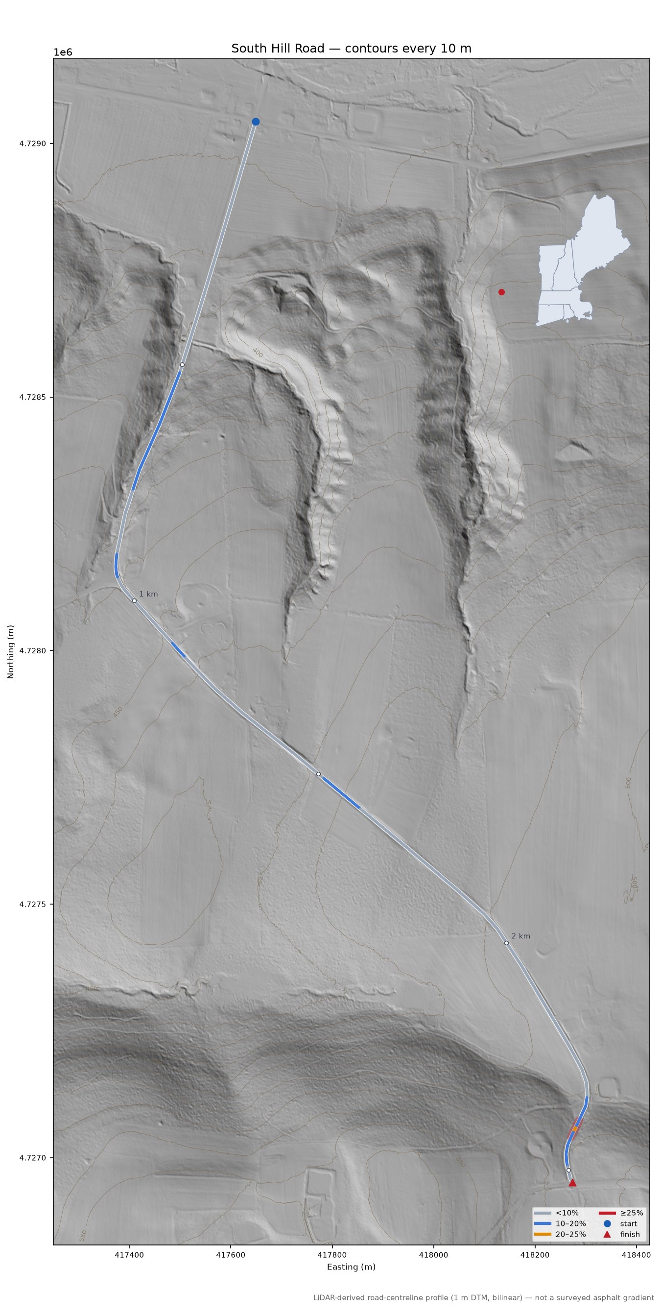 South Hill Road LiDAR hillshade map with contours