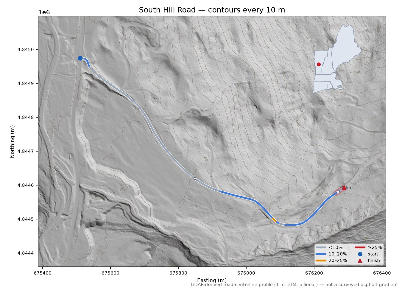 South Hill Road LiDAR hillshade map with contours