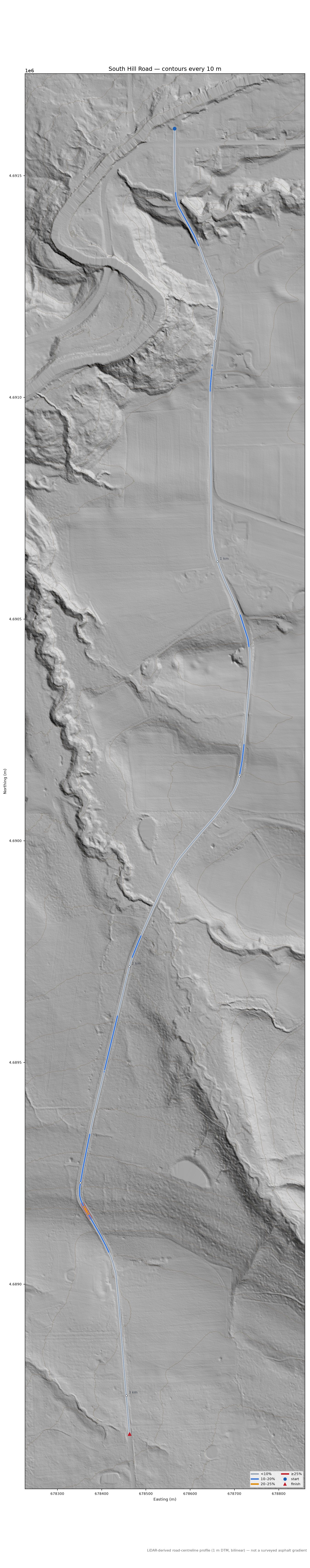 South Hill Road LiDAR hillshade map with contours