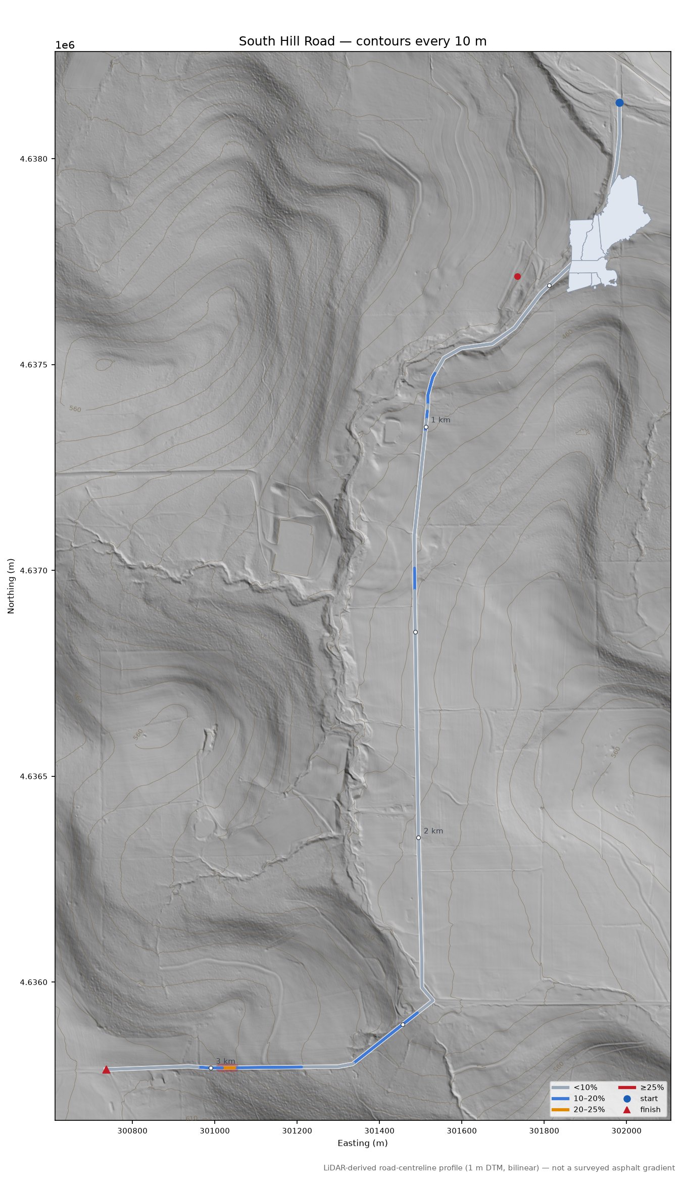 South Hill Road LiDAR hillshade map with contours