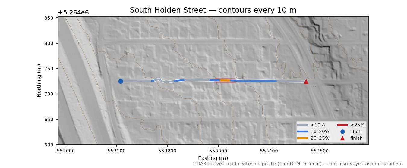 South Holden Street LiDAR hillshade map with contours