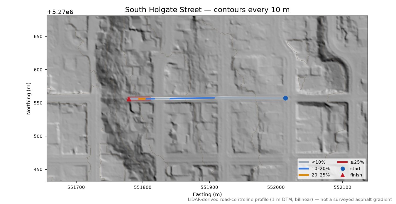South Holgate Street LiDAR hillshade map with contours