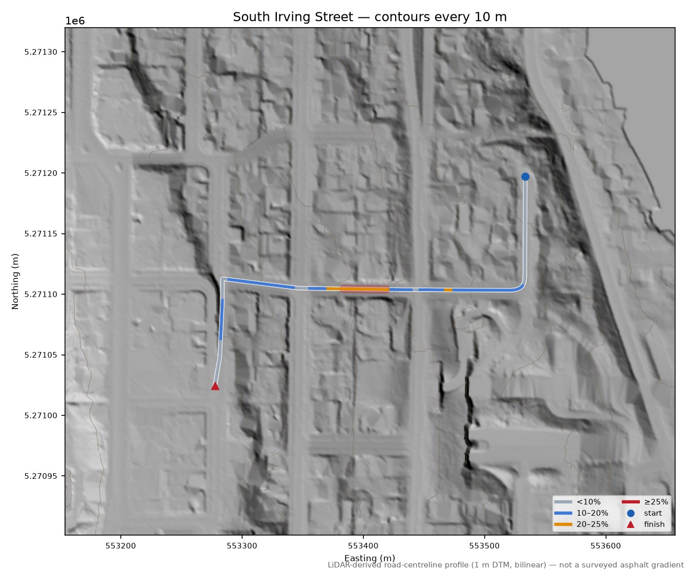 South Irving Street LiDAR hillshade map with contours