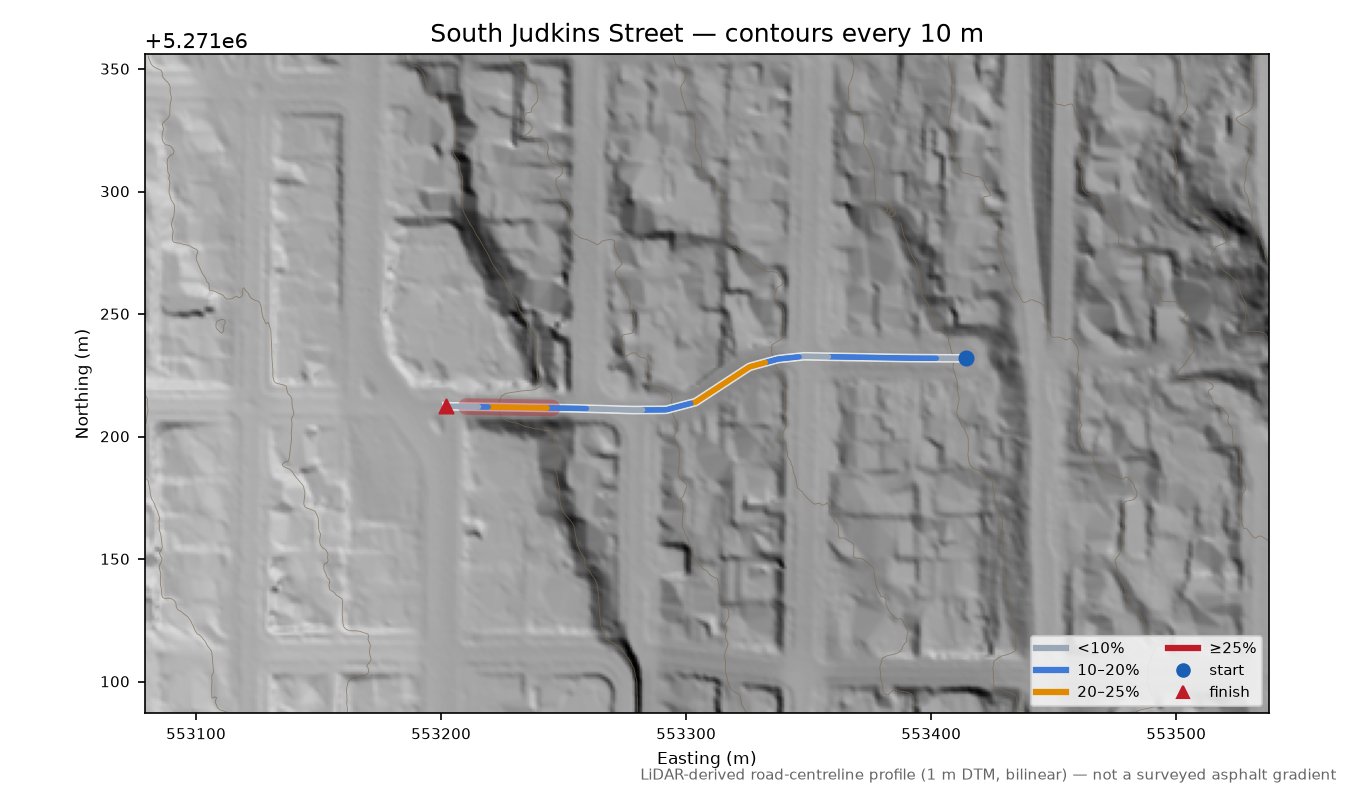 South Judkins Street LiDAR hillshade map with contours