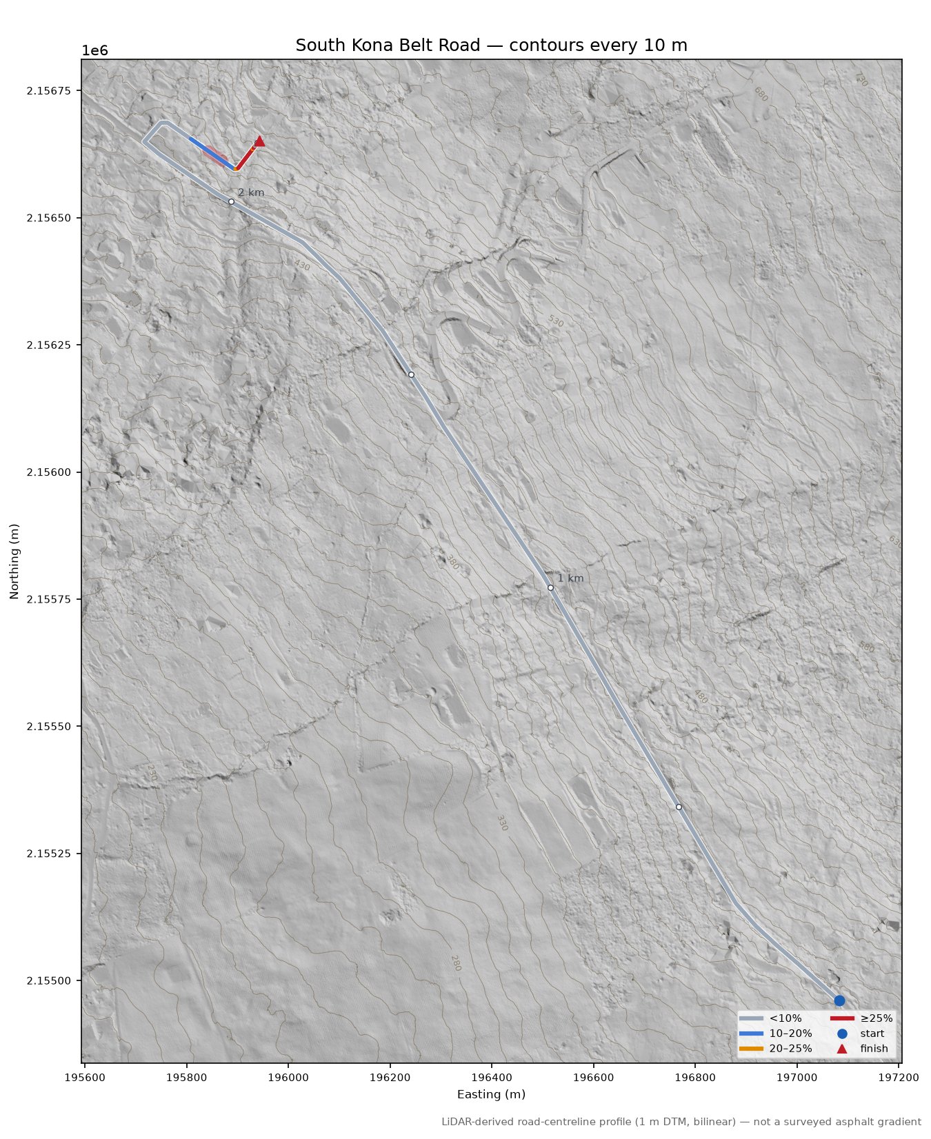 South Kona Belt Road LiDAR hillshade map with contours