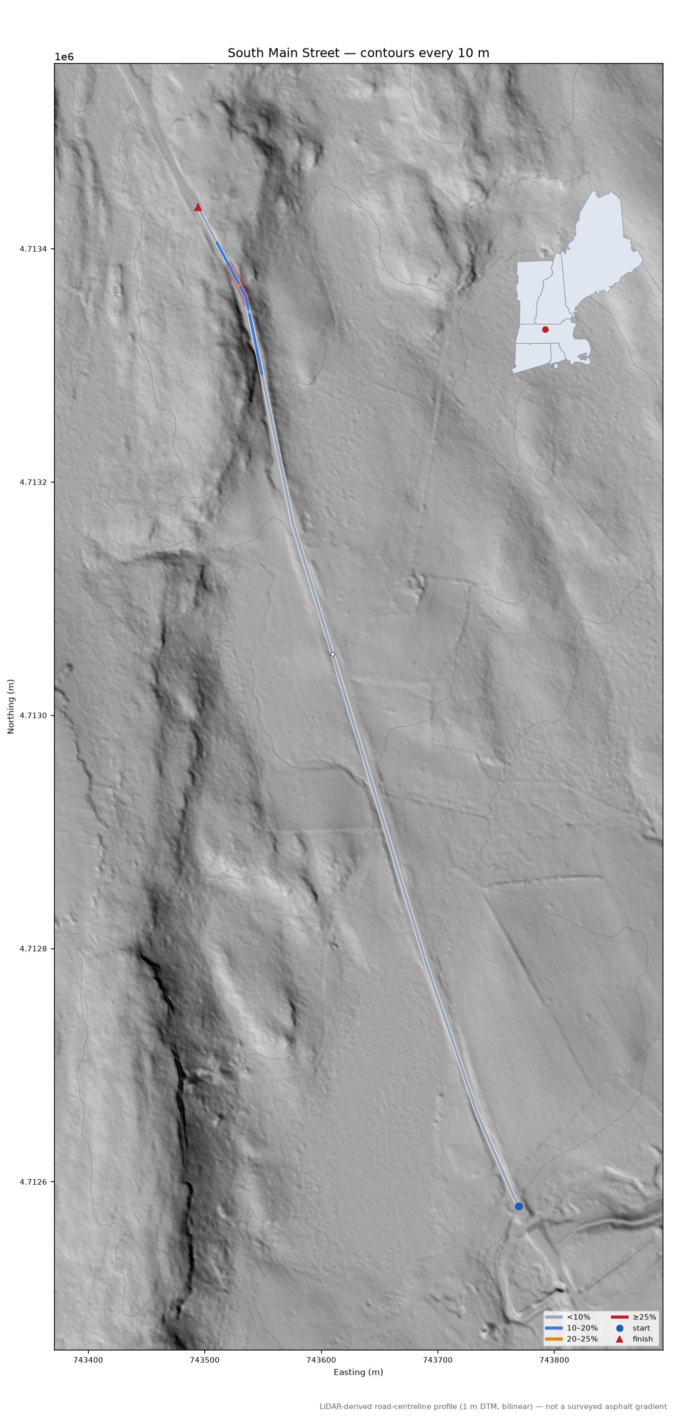 South Main Street LiDAR hillshade map with contours