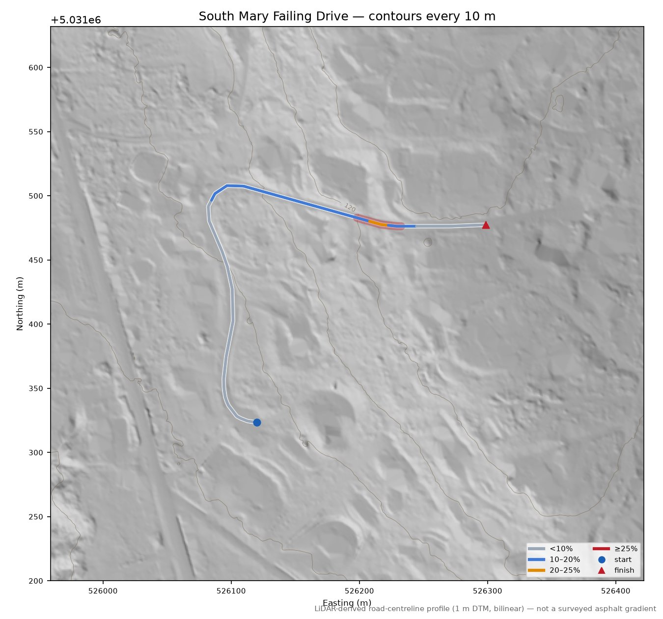 South Mary Failing Drive LiDAR hillshade map with contours