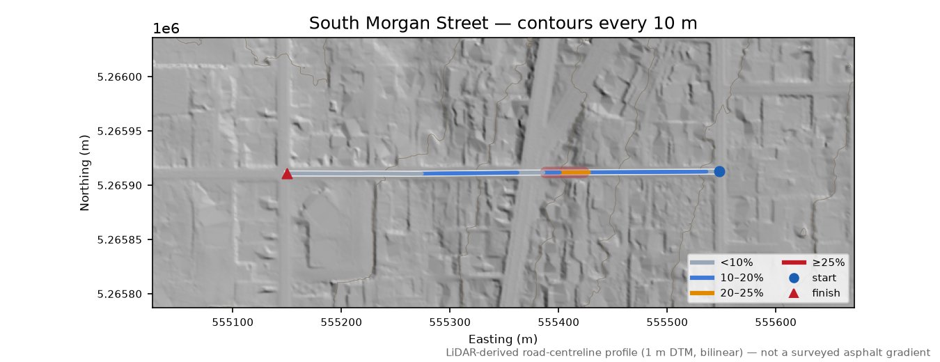 South Morgan Street LiDAR hillshade map with contours