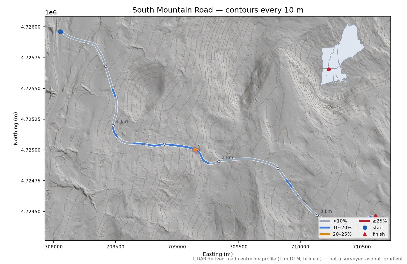 South Mountain Road LiDAR hillshade map with contours