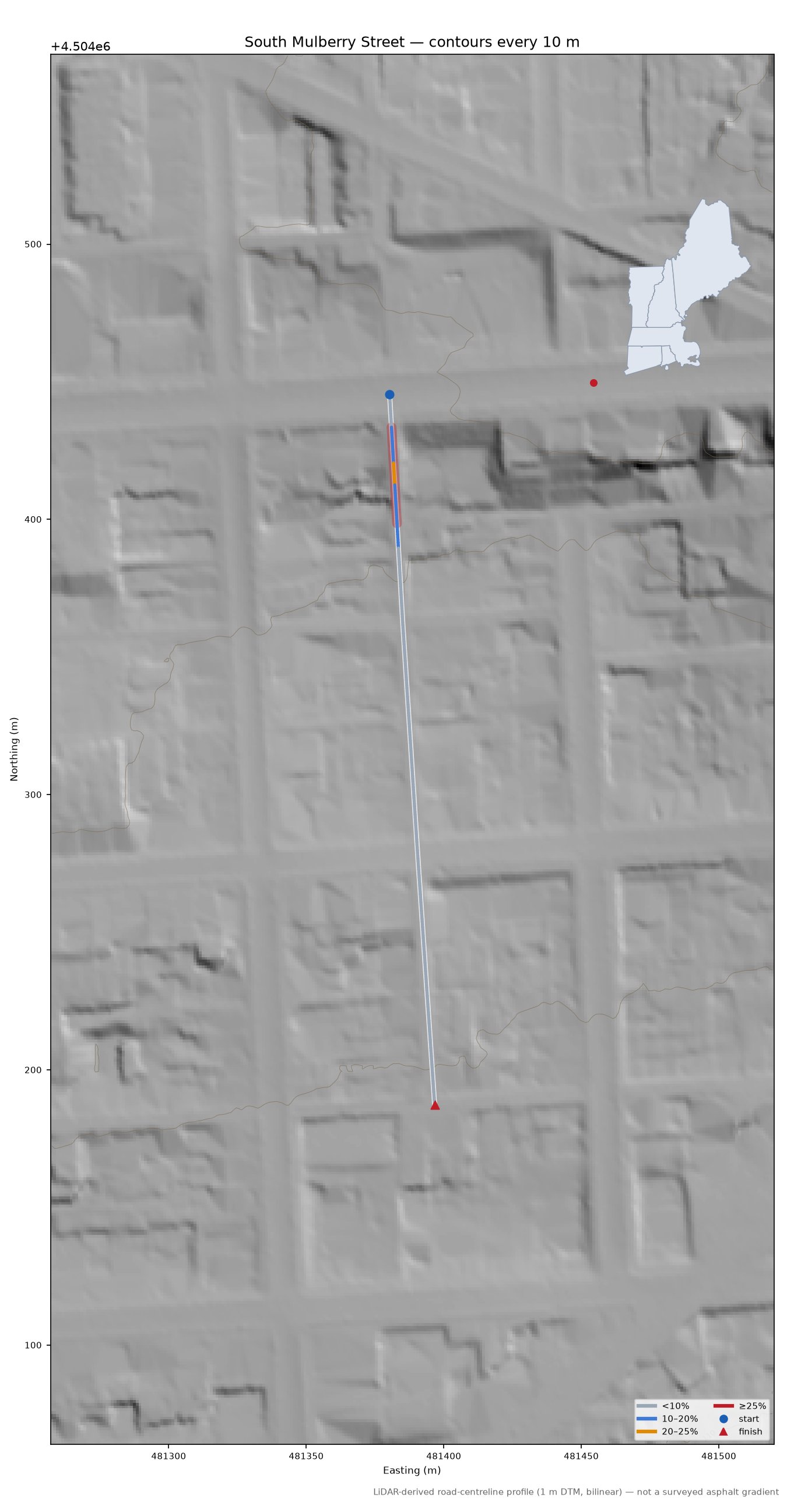South Mulberry Street LiDAR hillshade map with contours