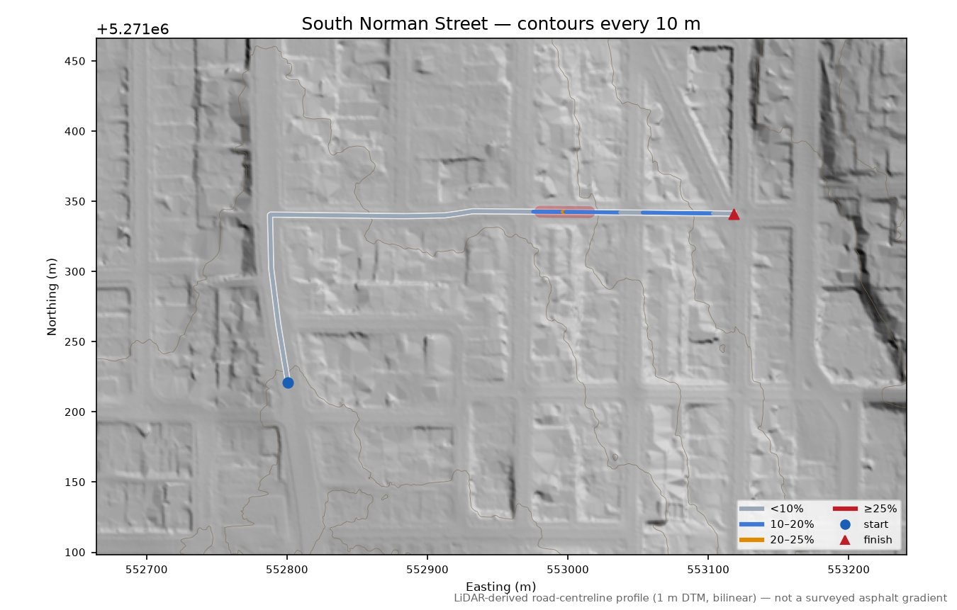 South Norman Street LiDAR hillshade map with contours