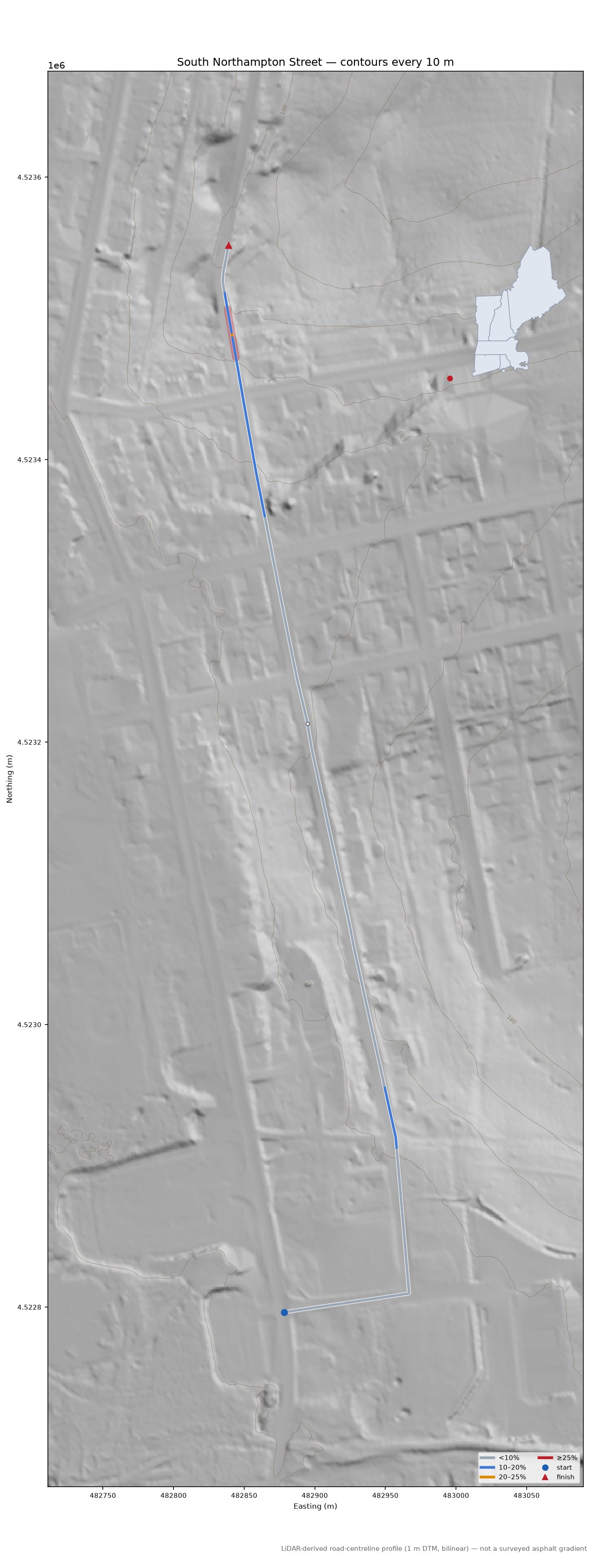 South Northampton Street LiDAR hillshade map with contours