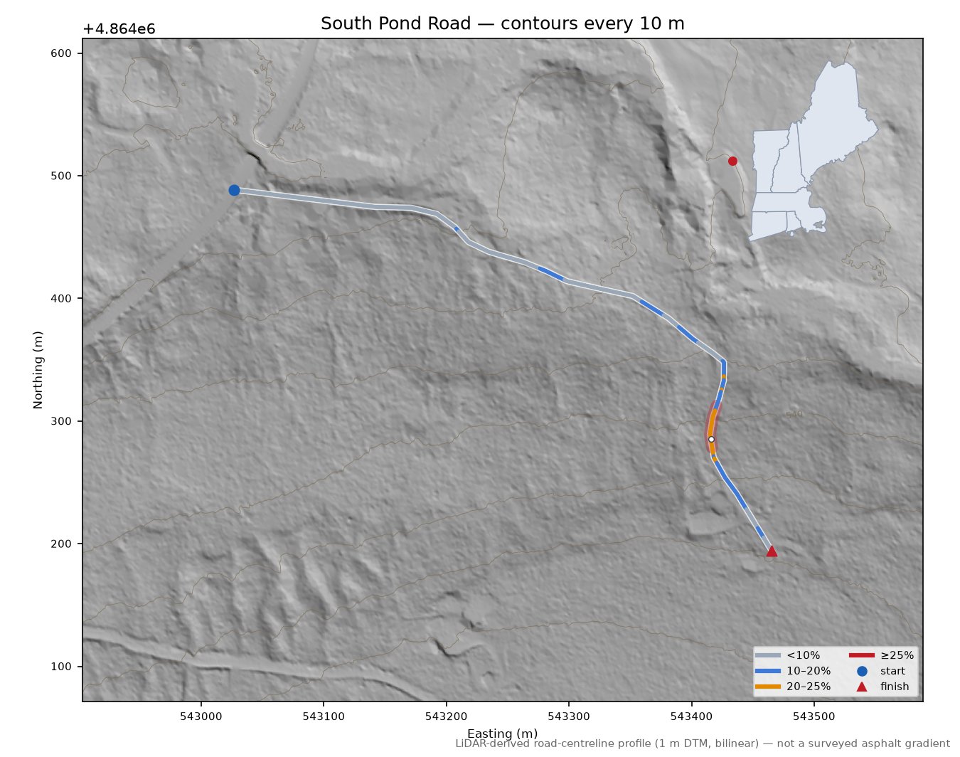 South Pond Road LiDAR hillshade map with contours