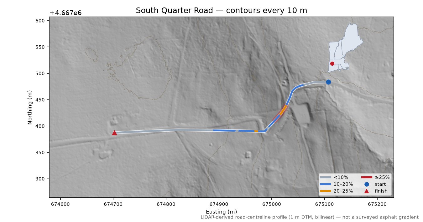 South Quarter Road LiDAR hillshade map with contours