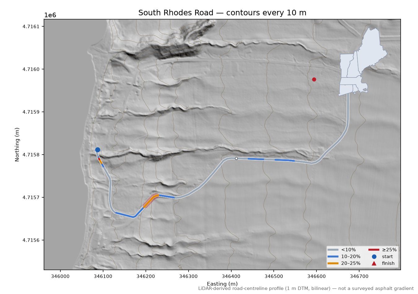 South Rhodes Road LiDAR hillshade map with contours