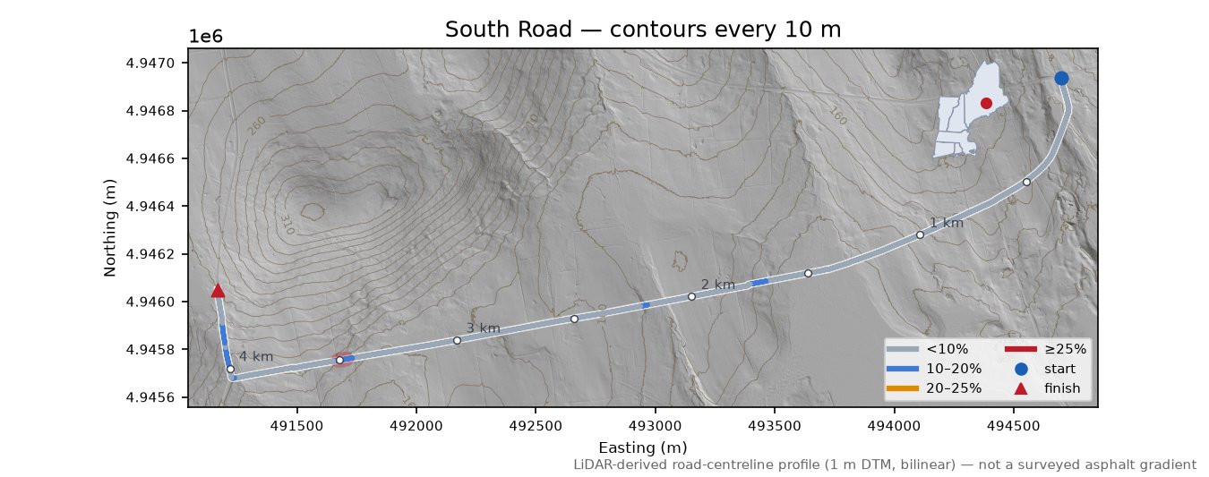South Road LiDAR hillshade map with contours