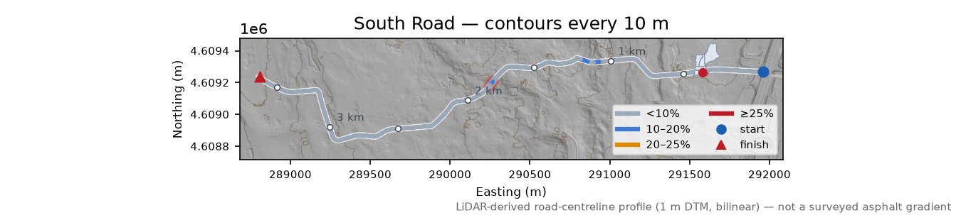South Road LiDAR hillshade map with contours