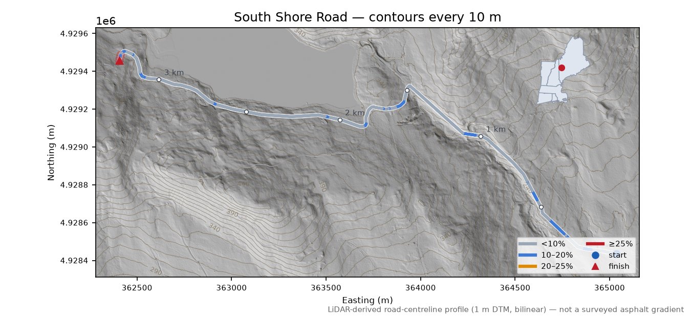South Shore Road LiDAR hillshade map with contours