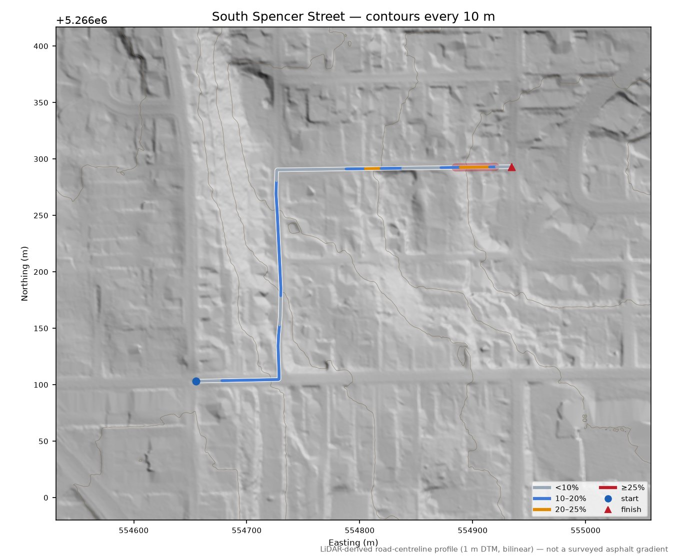 South Spencer Street LiDAR hillshade map with contours