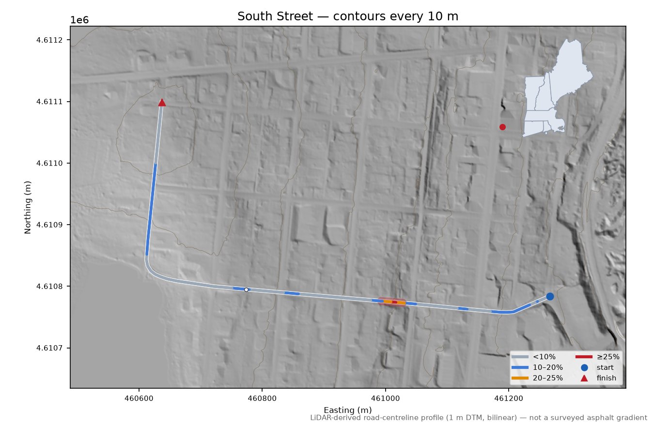 South Street LiDAR hillshade map with contours