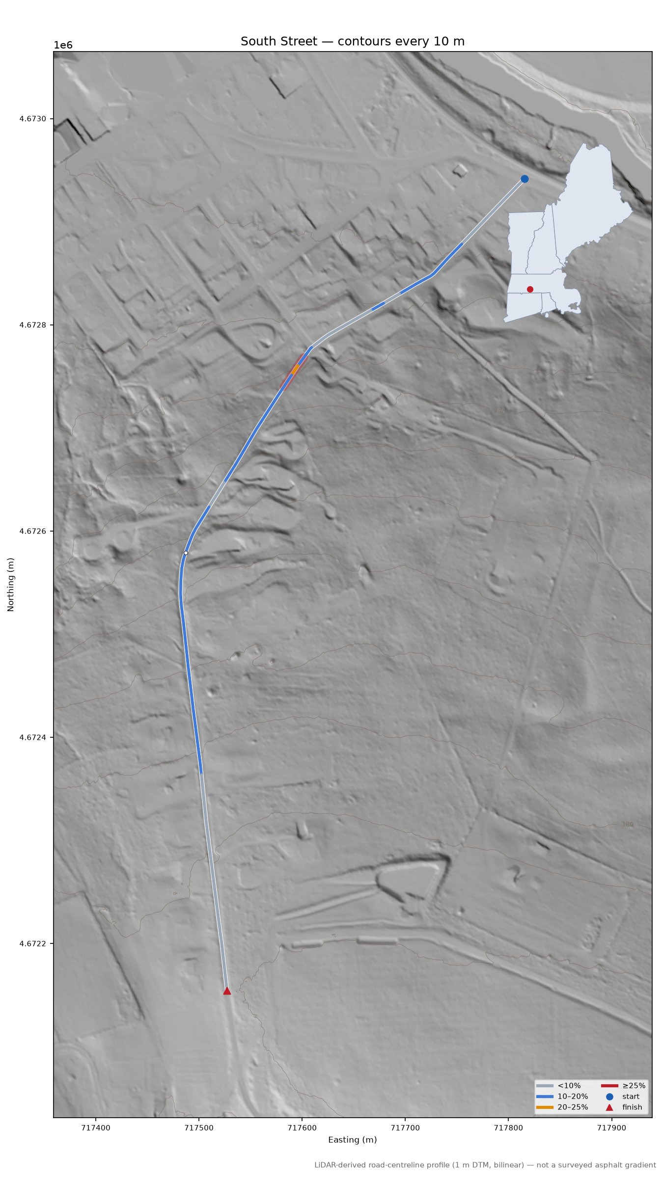 South Street LiDAR hillshade map with contours