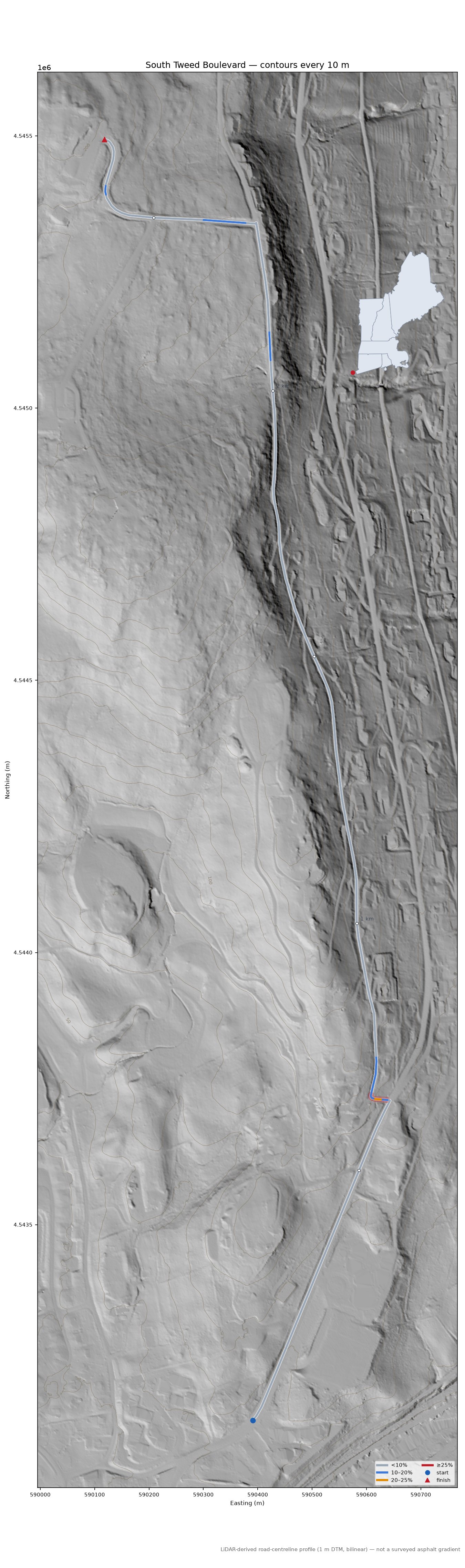 South Tweed Boulevard LiDAR hillshade map with contours