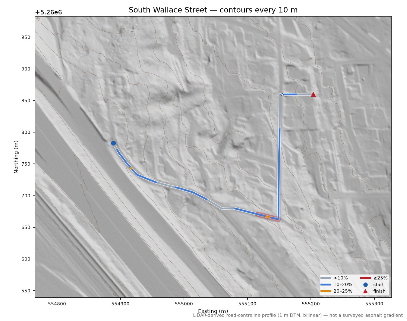South Wallace Street LiDAR hillshade map with contours