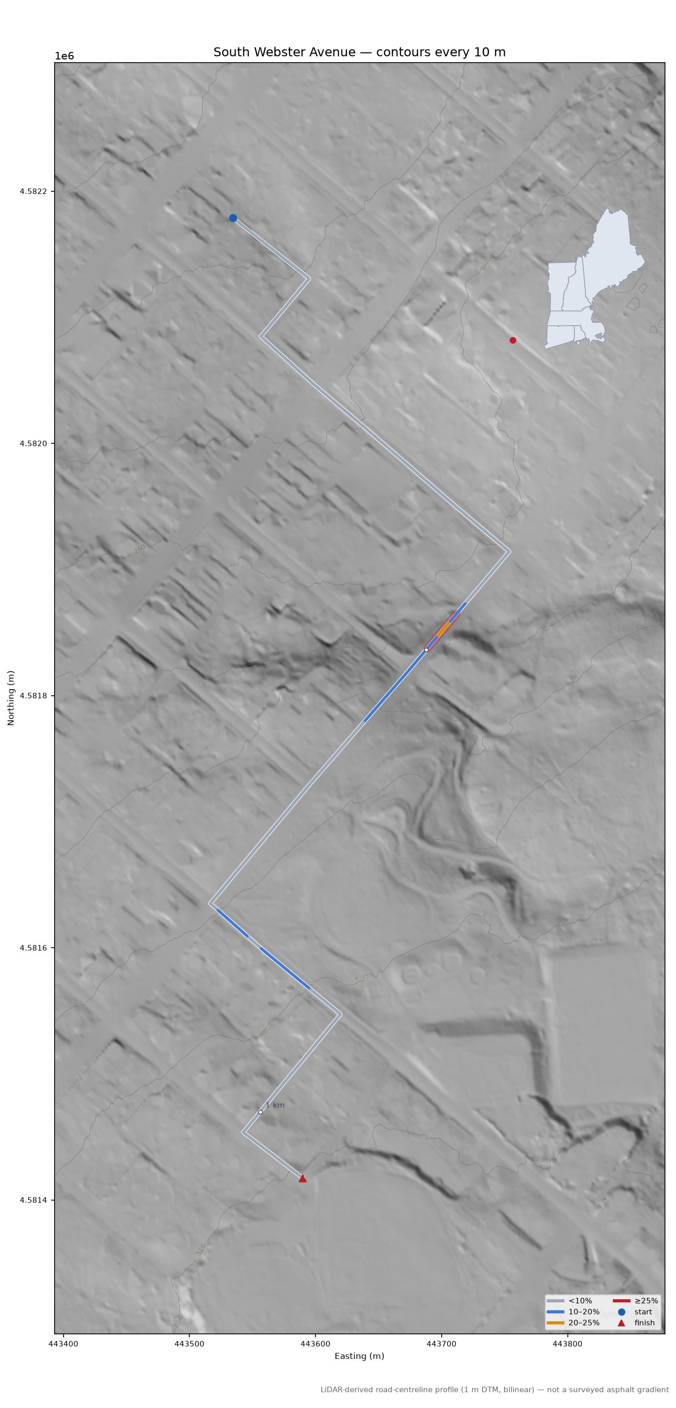 South Webster Avenue LiDAR hillshade map with contours