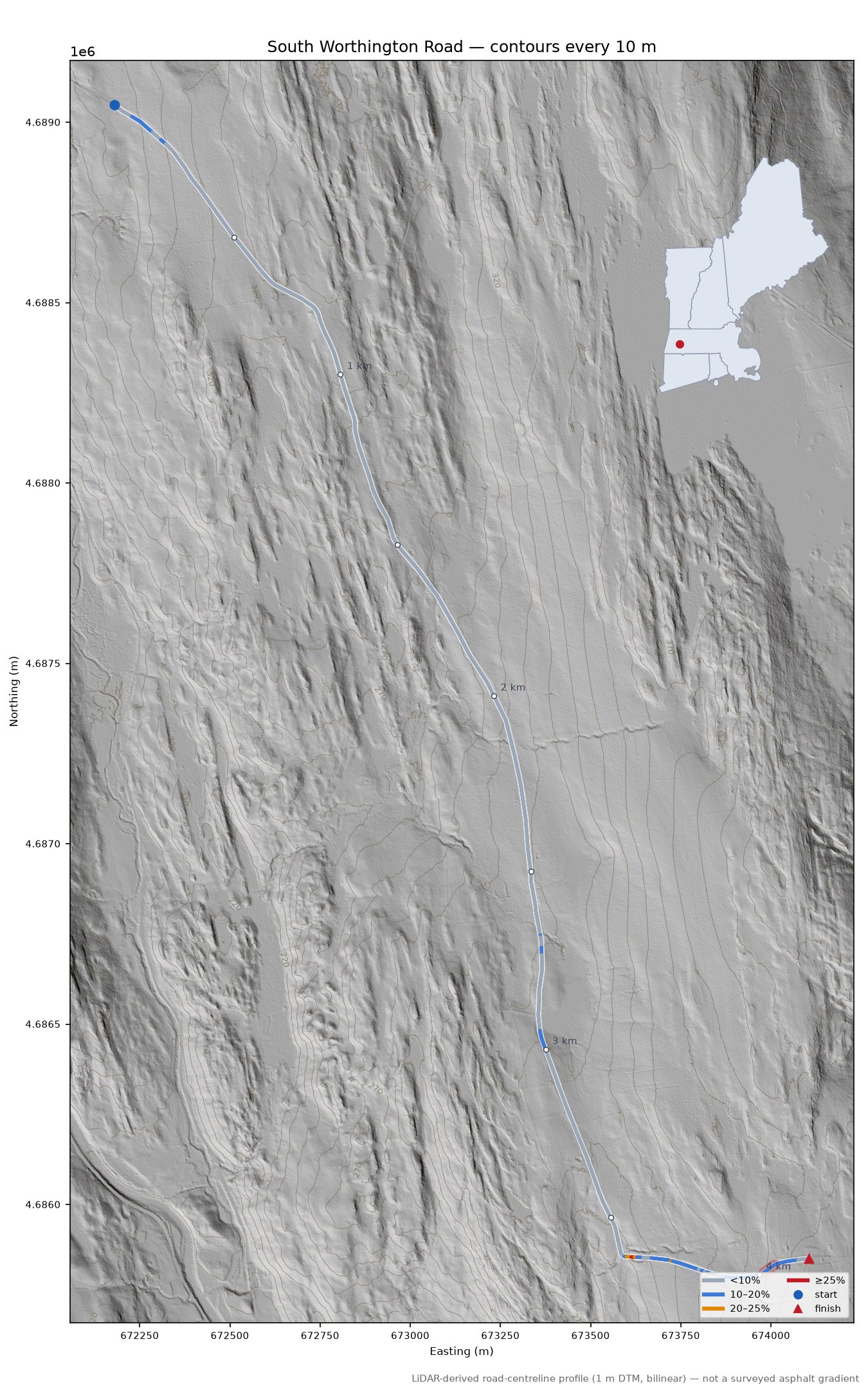 South Worthington Road LiDAR hillshade map with contours