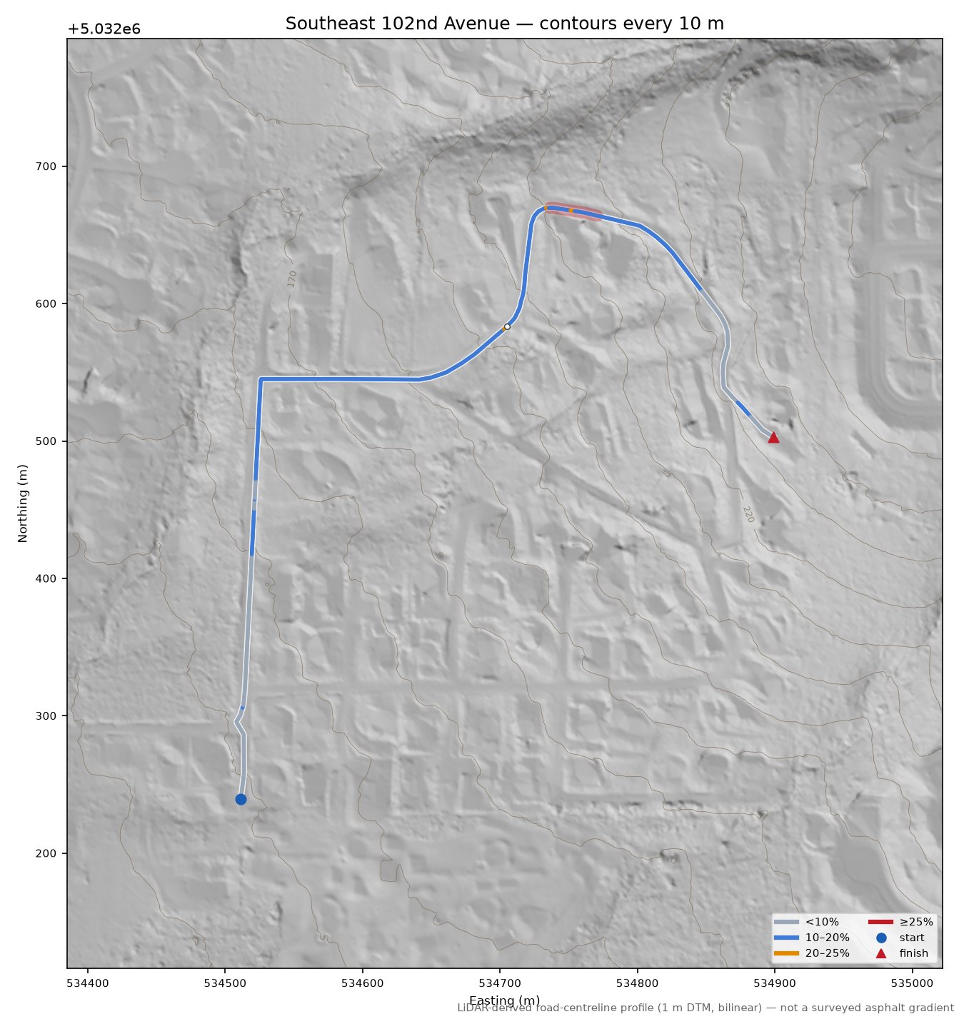Southeast Hillcrest Drive LiDAR hillshade map with contours