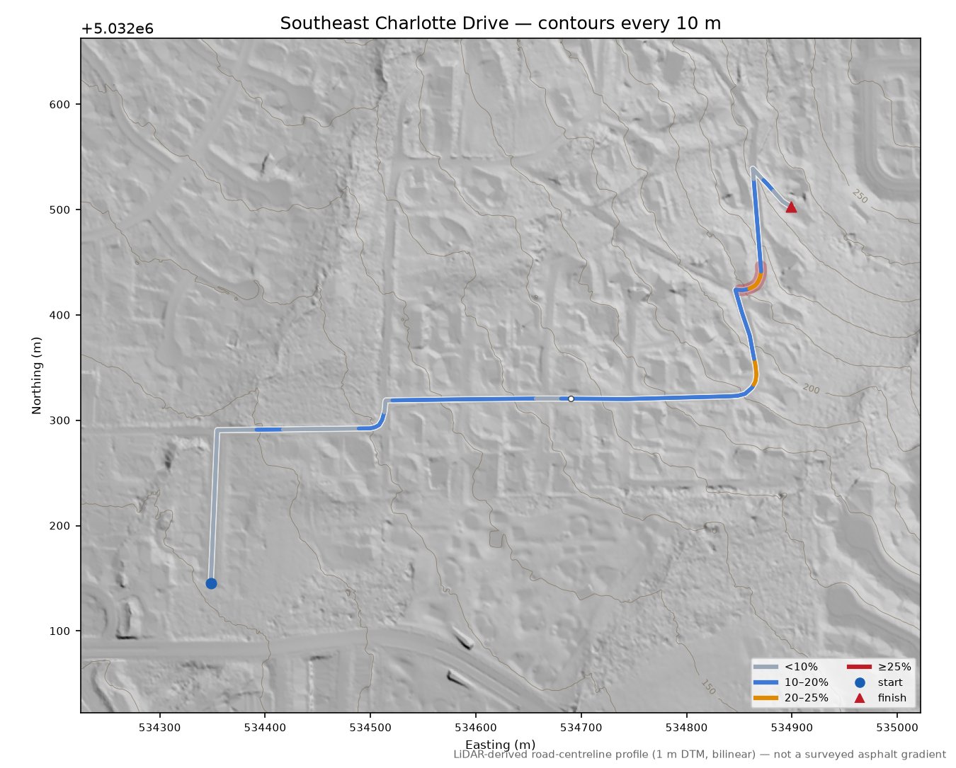 Southeast Charlotte Drive LiDAR hillshade map with contours