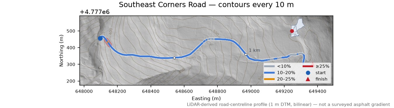 Southeast Corners Road LiDAR hillshade map with contours