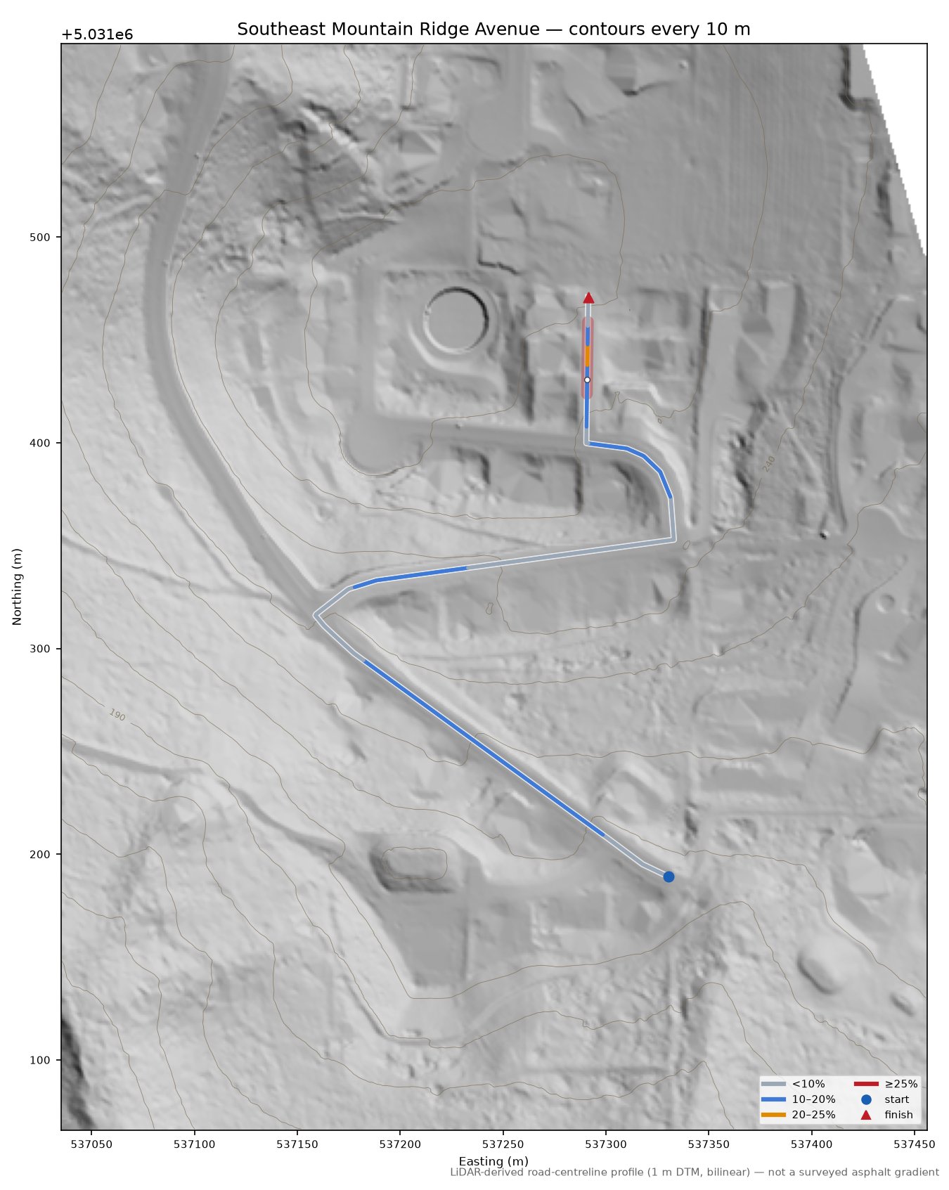 Southeast Mountain Ridge Avenue LiDAR hillshade map with contours