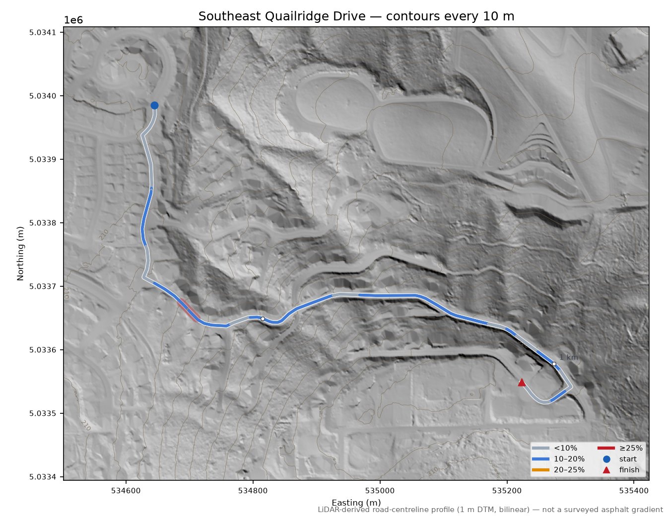 Southeast Quailridge Drive LiDAR hillshade map with contours