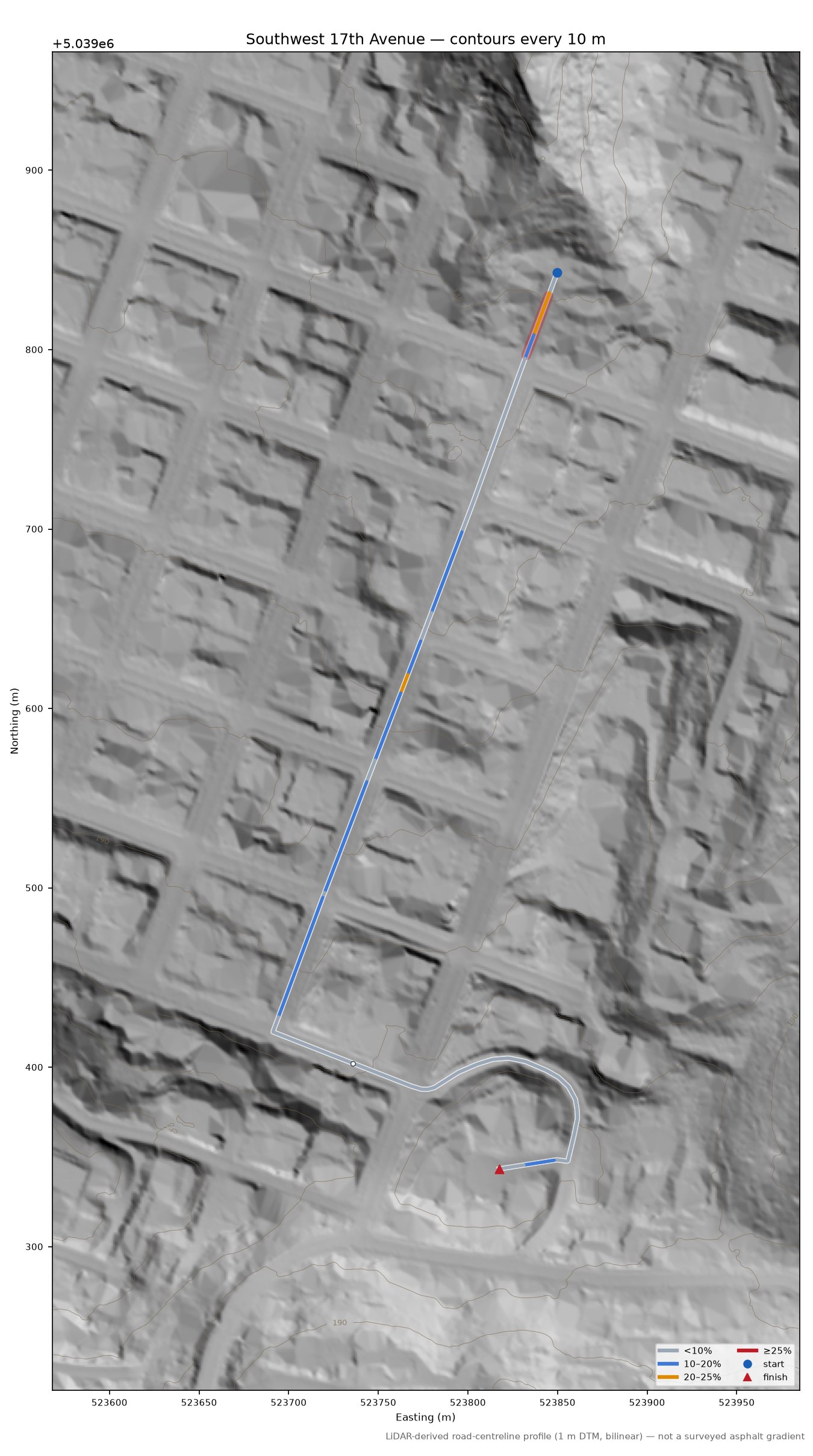 Southwest 17th Avenue LiDAR hillshade map with contours