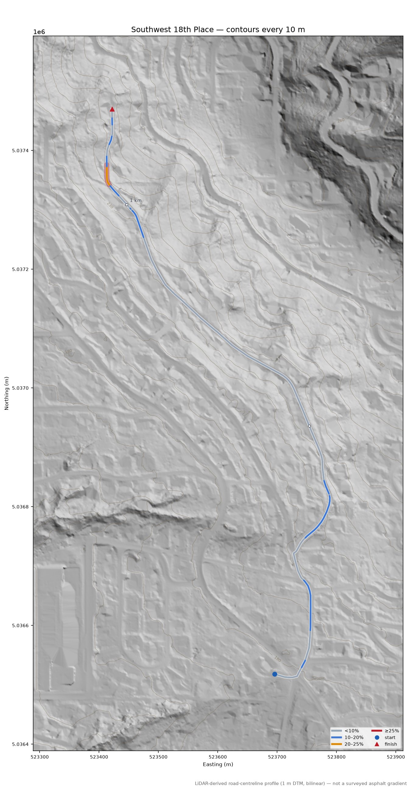 Southwest 18th Place LiDAR hillshade map with contours