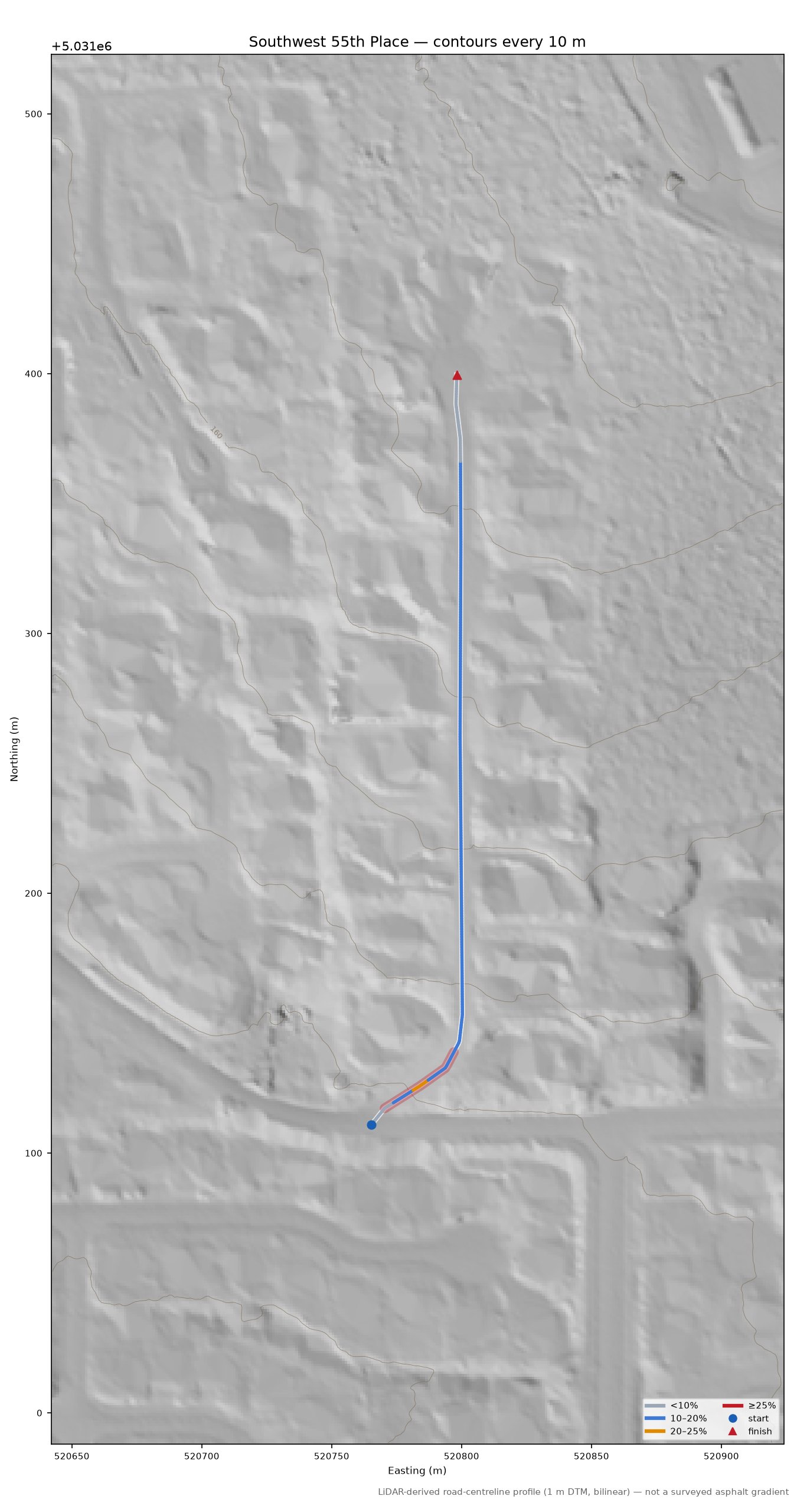 Southwest 55th Place LiDAR hillshade map with contours