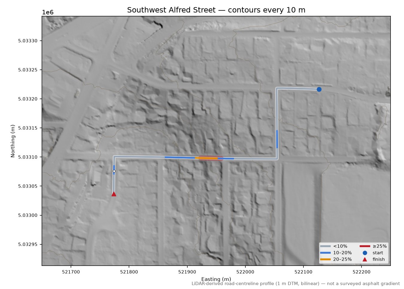 Southwest Alfred Street LiDAR hillshade map with contours