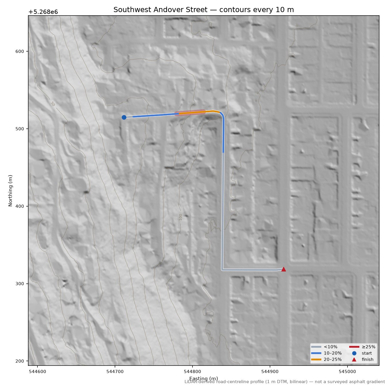Southwest Andover Street LiDAR hillshade map with contours