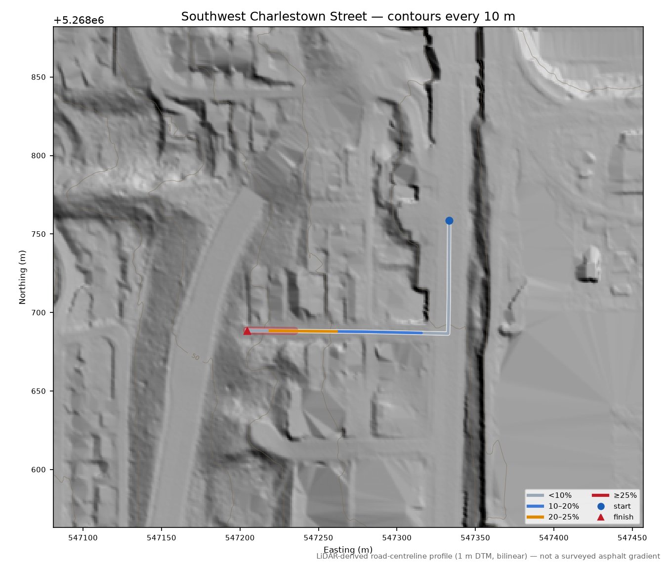Southwest Charlestown Street LiDAR hillshade map with contours