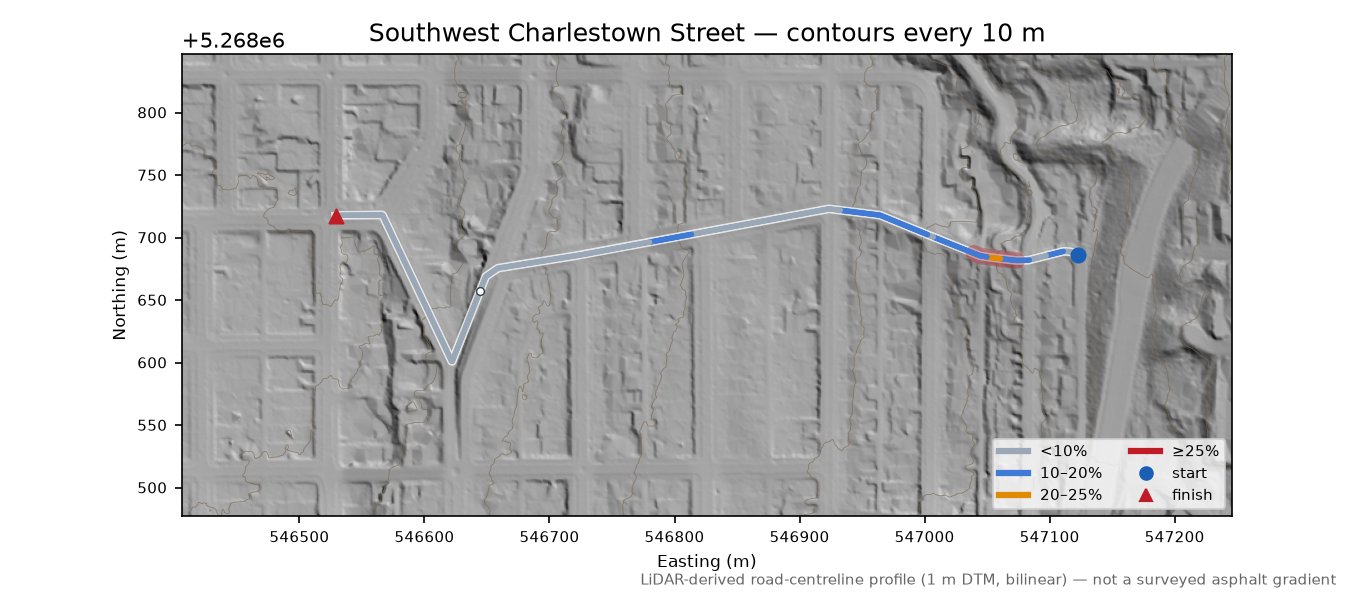 Southwest Charlestown Street LiDAR hillshade map with contours