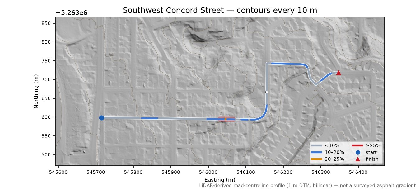 Southwest Concord Street LiDAR hillshade map with contours
