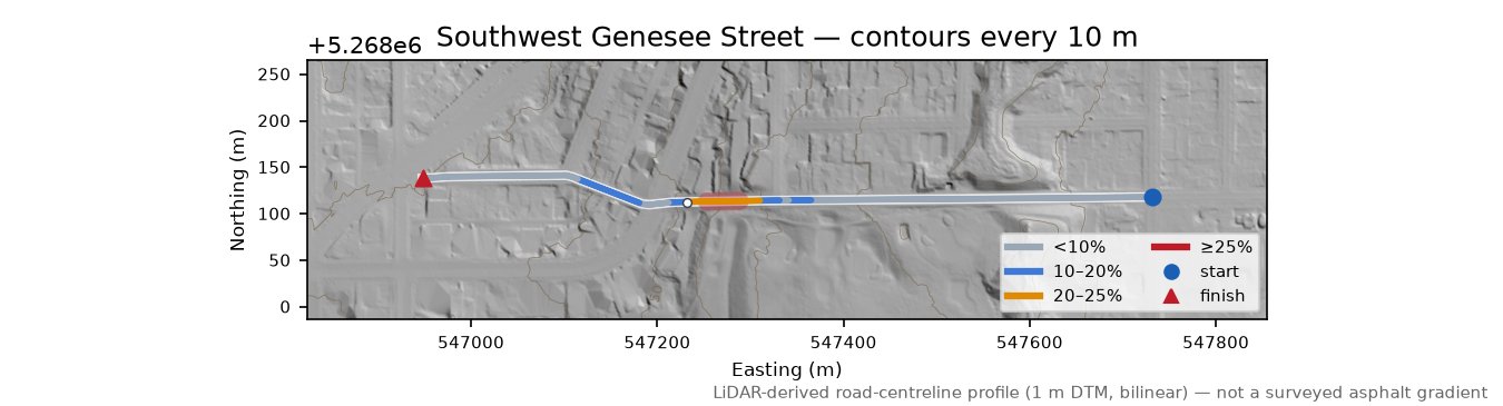 Southwest Genesee Street LiDAR hillshade map with contours