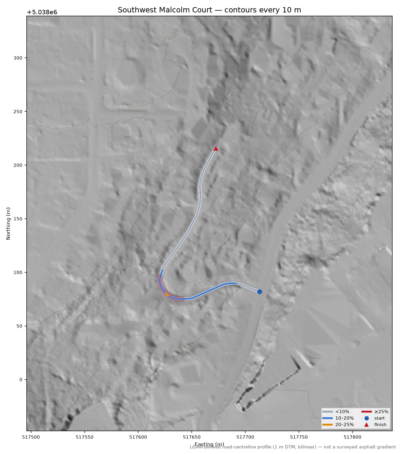 Southwest Malcolm Court LiDAR hillshade map with contours