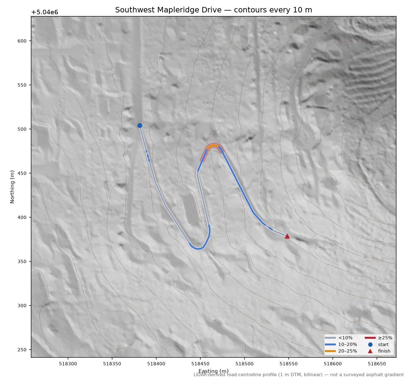 Southwest Mapleridge Drive LiDAR hillshade map with contours