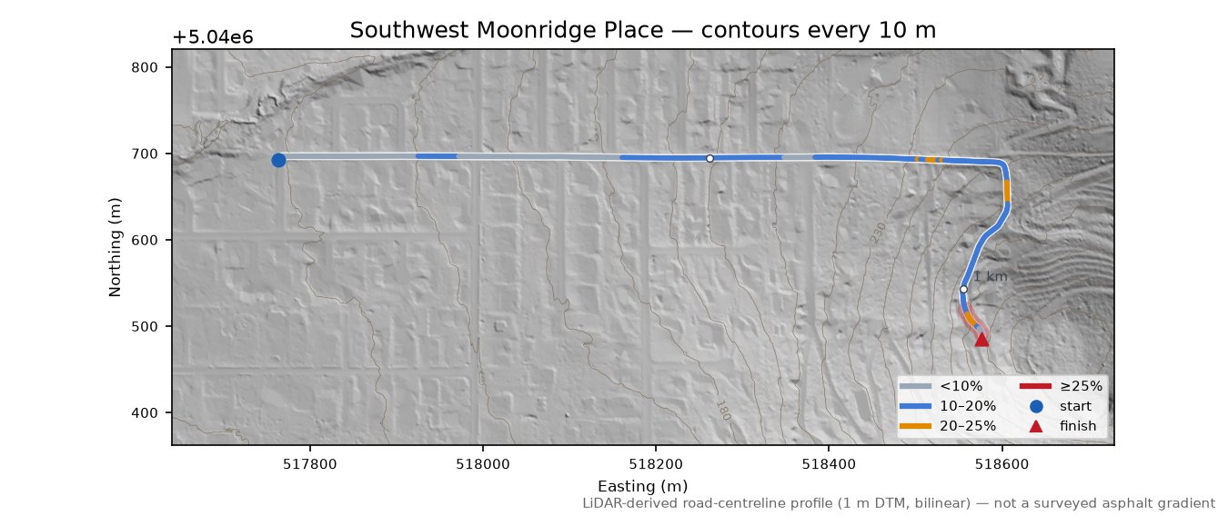 Southwest Moonridge Place LiDAR hillshade map with contours